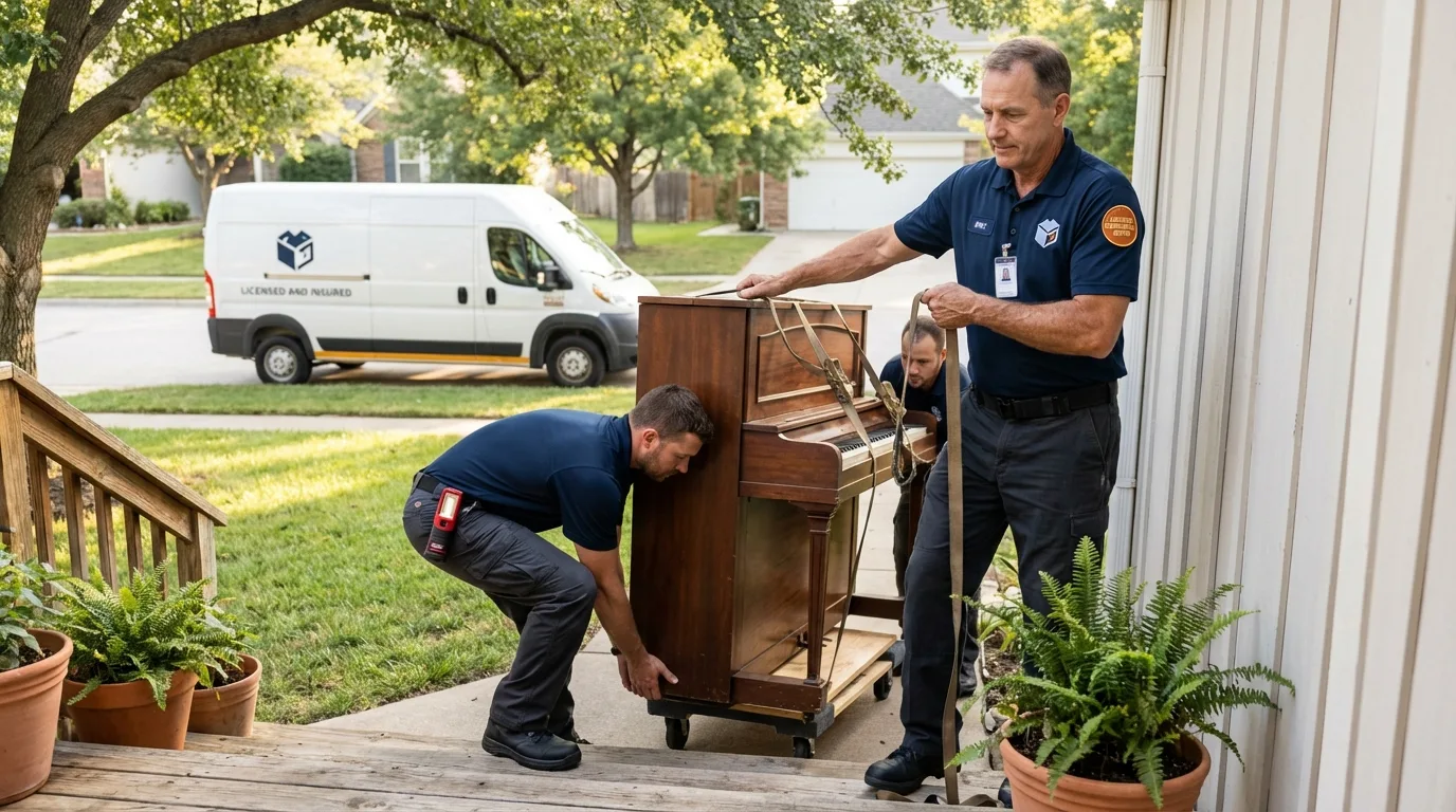 Licensed piano movers securing grand piano in Butte, MT